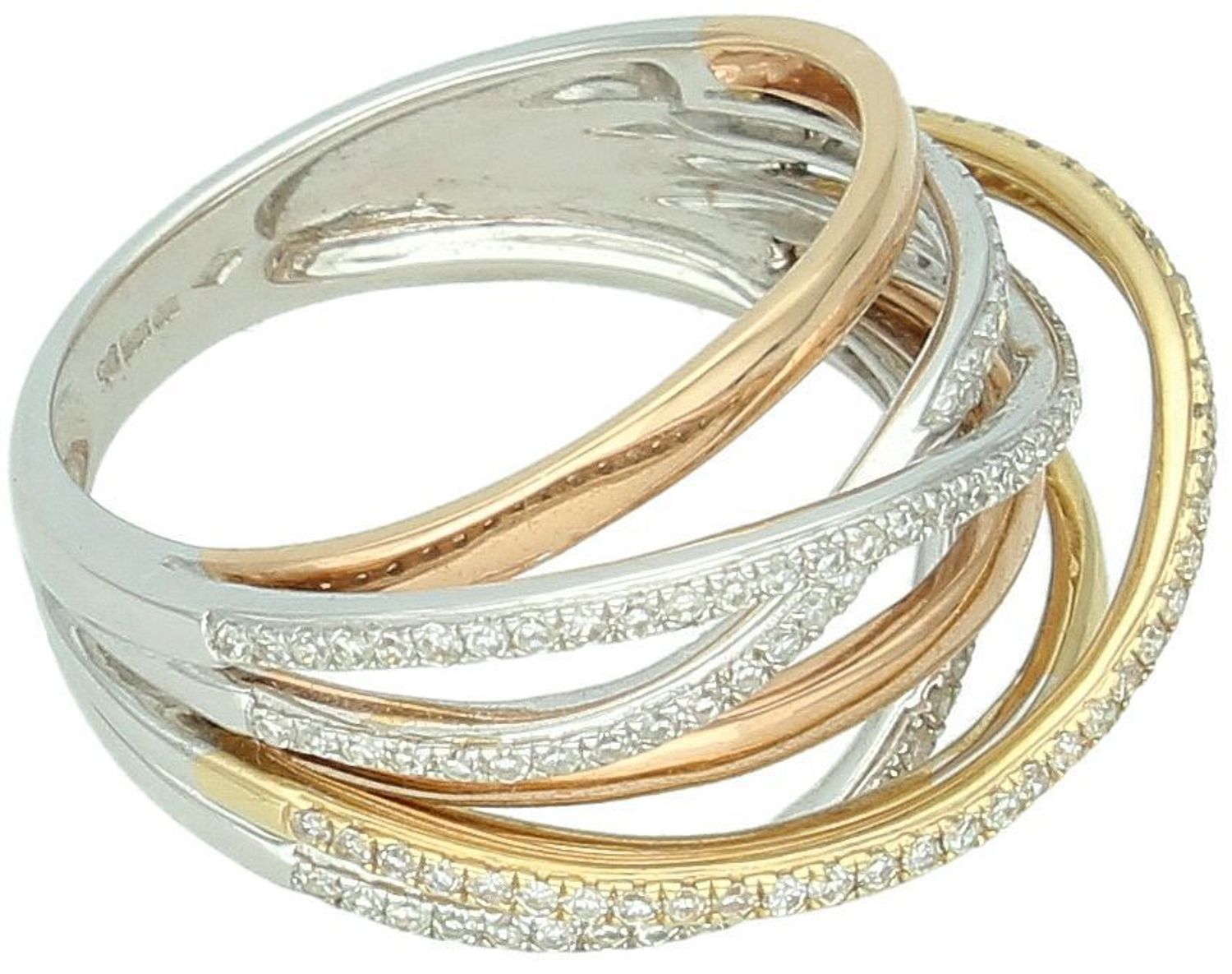 Szeroki złoty pierścionek z diamentami 585 Trzy kolory złota. Pierścionek wykonany ze złota próby 585- w większości z białego złota, z dodatkiem żółtego i różowego. 2.jpg